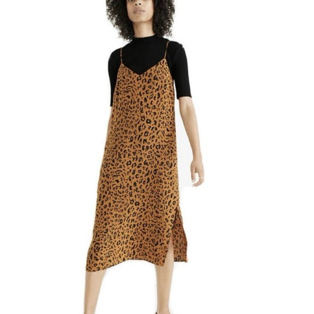 Madewell Leopard Print Slip Midi Dress in Tan and Black